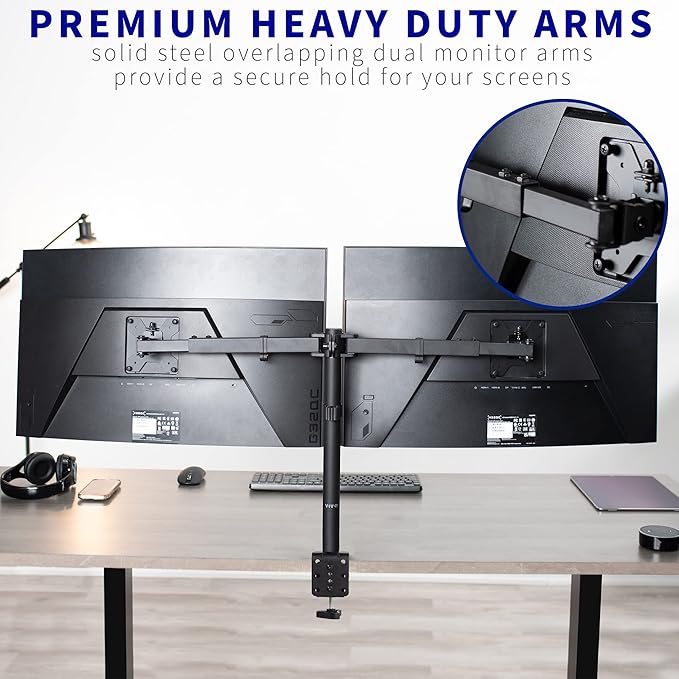 VIVO Premium Dual Ultra Wide LCD LED 27 to 38 inch Monitor Desk Mount, Heavy Duty, Adjustable Telescoping Arms, Flush Wall Setup, Fits 2 Screens, Black, STAND-TS38C