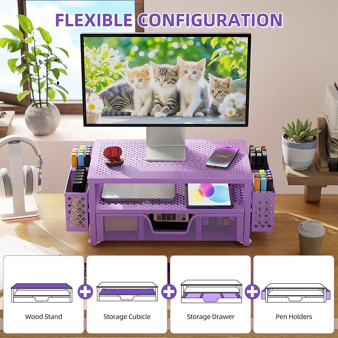 Simple Trending 2 Tier Metal Monitor Stand Monitor riser and Computer Desk Organizer with Drawer and Pen Holder for Laptop, Computer, iMac, Purple