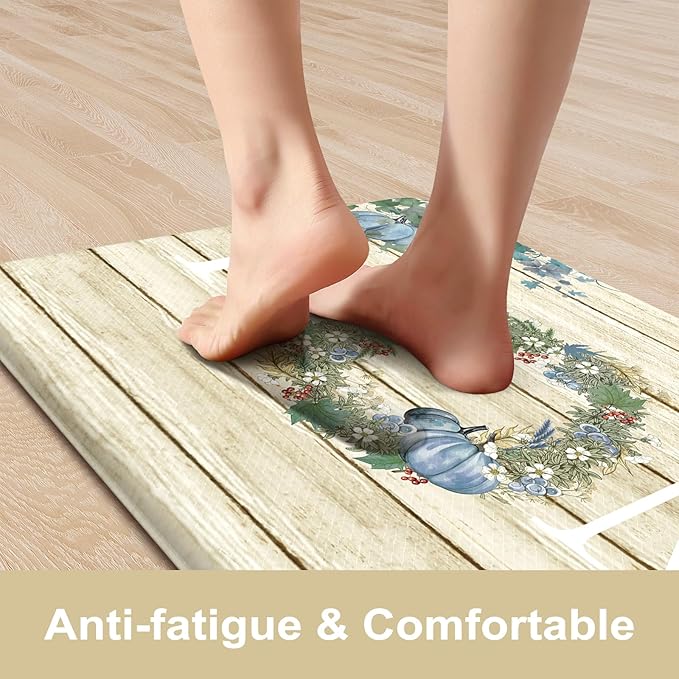 KIMODE Anti Fatigue Pumpkin Kitchen Mat for Floor,Halloween Fall Kitchen Rugs Sets of 2, Autumn Farmhouse Kitchen Rugs Non Slip,Cushioned Kitchen Floor Mat for Floor Sink, Laundry, Office,Home Blue