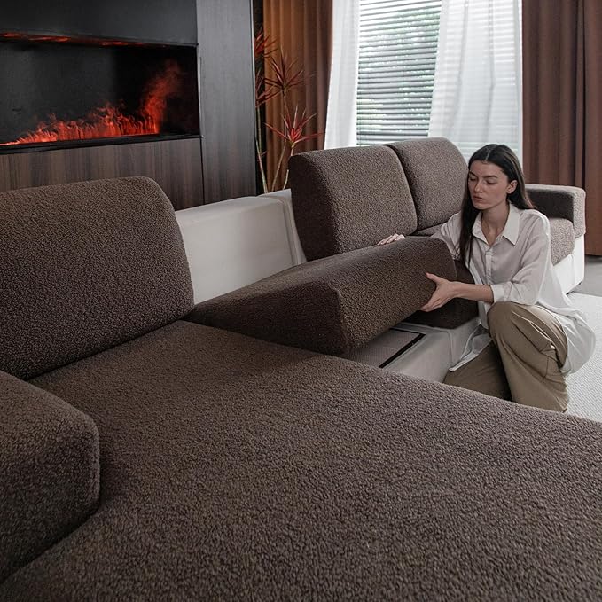 Couch Cushion Covers for Sectional Sofa, Stretch Soft Sofa Slipcovers Washable Wear-Resistant Universal Furniture Protector for Living Room(2 Seaters Covers+1 Chaise Cover, Brown)