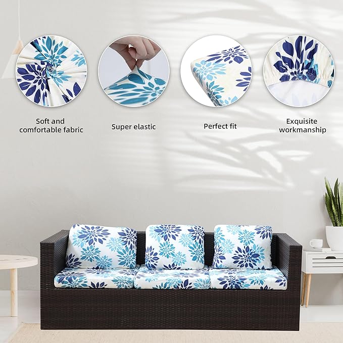 8Pcs Stretch Patio Cushion Covers,Outdoor Couch Covers Replacement,Outdoor Couch & Sofa Slipcovers,for Patio Furniture Cushion Covers,Washable Reusable Furniture Protector(Blue Flower,Cover Only)
