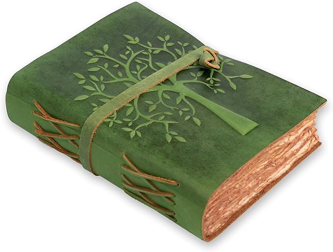 LEATHER VILLAGE Tree of Life Journal - 10 X 7 inches - Green - 200 Antique Deckle Edge Handmade Paper – Book of Shadows - Vintage Leather Bound Journal for Women & Men