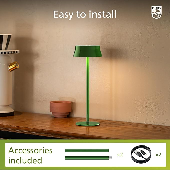 Philips Cordless Table Lamp, Portable Outdoor LED Desk Light,Rechargeable Battery Operated, 2 Adjustable Height, Touch Control & 3 Color Stepless Dimming, Waterproof Lamps for Restaurant/Bedroom
