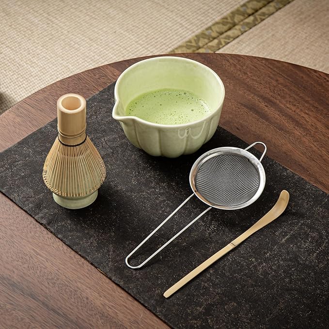 Matcha Whisk Set, Matcha Set Includes Ceramic Matcha Bowl, Bamboo Whisk, Scoop, Chasen Holder, Sifter, 5 Pcs Perfect Matcha Kit for Macha Lover (Mottled Green)