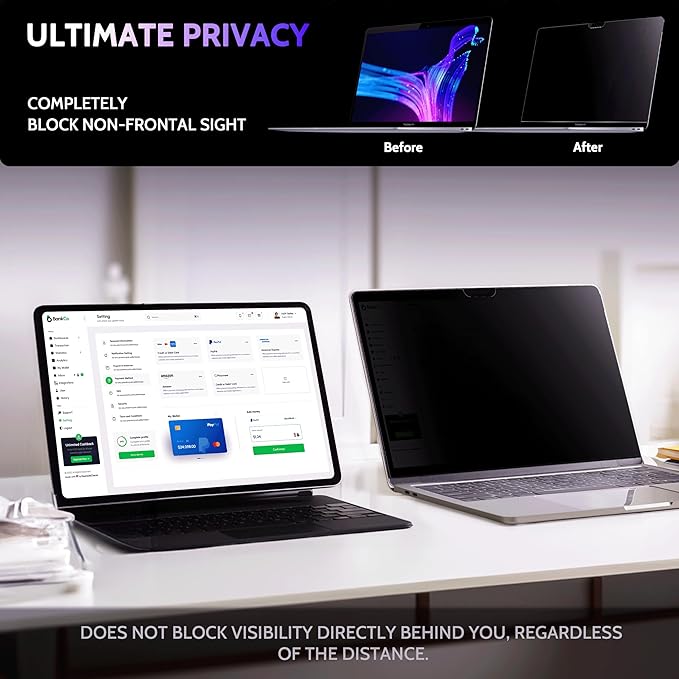 Privacy Screen for MacBook Pro 13 In (2016-2022, M1, M2) & MacBook Air 13 Inch (2018-2021, M1), MagicSuction™ Removable Anti Spy Black Protector, Glare Blue Light Filter for Mac Laptop Computer