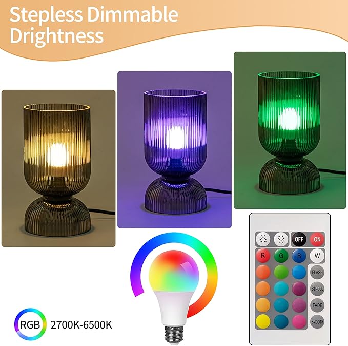 Modern RGB Glass Table Lamp with Remote，Color Changing Bedside Lamp with Ribbed Glass Shade, 16 Colors, On/Off Cord Switch, Nightstand Lamp for Bedroom, Living Room, Office, Bulb Included