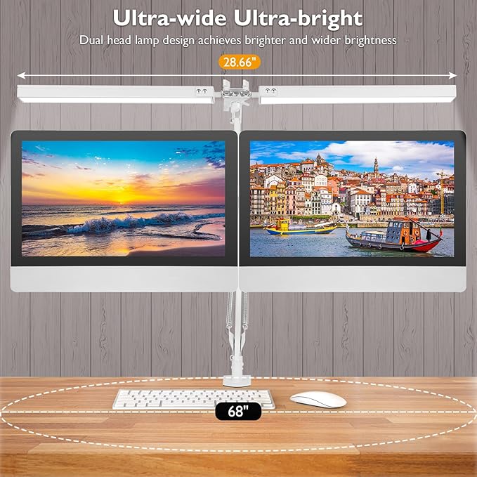 LED Desk Lamp with Clamp, Super Bright Double Head Task Light, 5 Color Modes, 10%~100% Dimmable Brightness, Modern Swing Arm Workbench Light