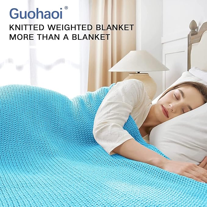 Guohaoi Knitted Weighted Blanket(Blue 50"x75" 20lbs),Home Décor Cooling Throw Blanket for Hot Sleepers,Hand Made Chunky Knit Heavy Blanket for Adults Use on Full Size Bed