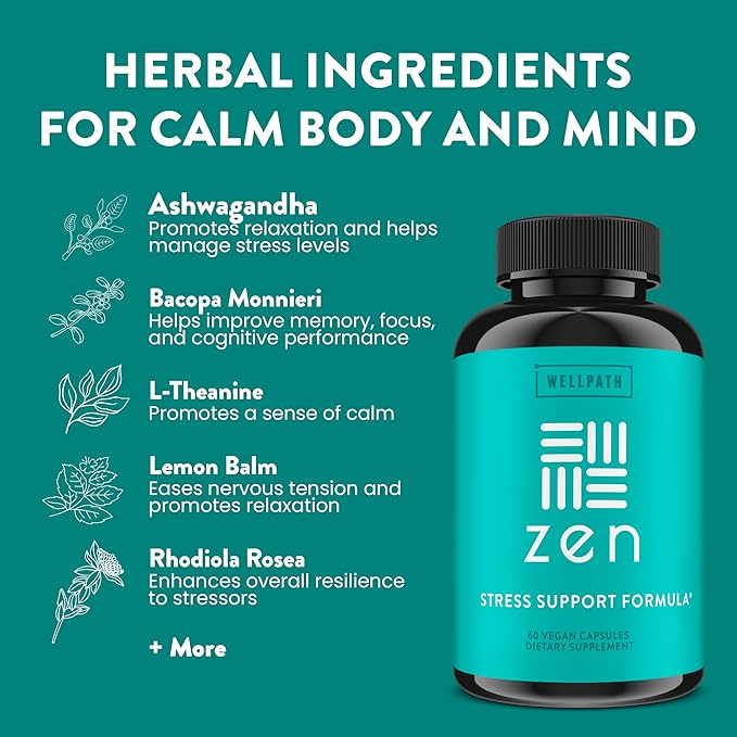 WellPath Zen Stress Relief Supplement + Mood Support (180 ct) | Calm, Stress & Energy Aid | Ashwagandha Root, Rhodiola Rosea, L-Theanine, Lemon Balm | Herbal Capsules