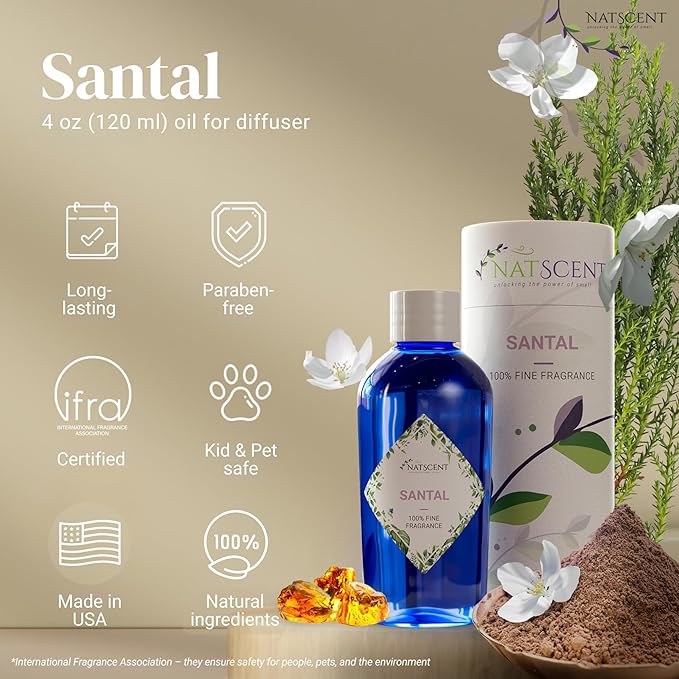 Santal Essential Oils for Diffusers for Home, Nature-derived Sandalwood Essential Oils, Long-Lasting & Family-Friendly Diffuser Oils Scents, IFRA Certified, Cold Air & Ultrasonic - 4 oz