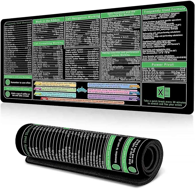 Excel Cheat Sheet Desk Pad, Updated Shortcuts Mouse Pad (31.5"x11.8") | Keyboard Shortcut & XL Gaming Desk Mat for Office/Home | Non-Slip Stitched Edges, Spill-Proof | Employee Appreciation Gifts