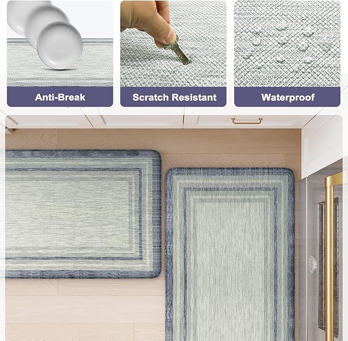 KIMODE Anti Fatigue Kitchen Mats 2PCS, Non-Slip Waterproof Kitchen Rugs, Cushioned Kitchen Mat for Floor, Comfort Standing Mat for Sink, Laundry, Office, Desk Blue and Grey 20"x47"+20"x32"