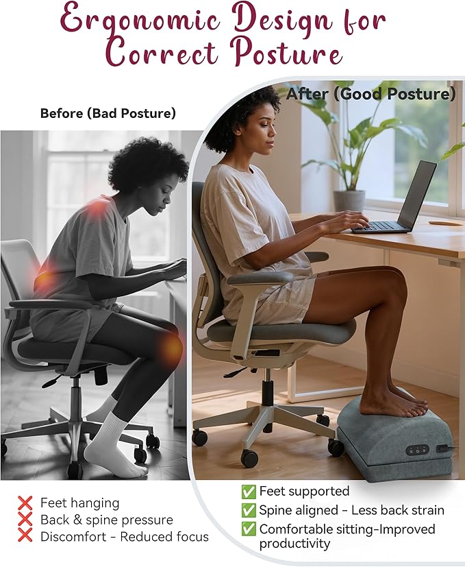 Heated Foot Rest for Under Desk at Work, Foot Stool with Vibration Massage, 2 Heat Levels, Adjustable Height, Ergonomic Memory Foam Feet Warmer Heater Footrest Under Desk for Gaming & Office Home