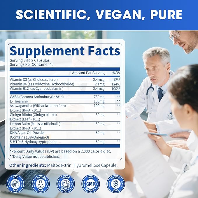 GABA Supplements 750mg with L Theanine, 5HTP, Ashwagandha, Lemon Balm, Ginkgo Biloba, Omega-3, 10 in 1 GABA Calm Capsules for Sleep, Relaxation, Focus, Mood Support, Cortisol Balance - 90CT