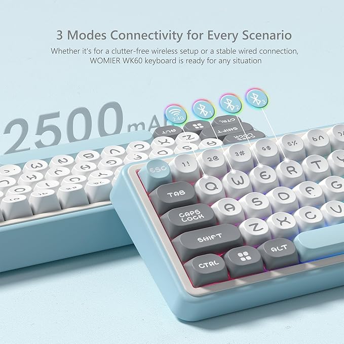Womier 60% Keyboard Wireless, Creamy Mechanical Gaming Keyboard Hot Swappable Gasket, RGB Key Board for Bluetooth/2.4GHz/USB-C, PBT Keycaps, Pre-lubed POM Switches(WK60-Blue)