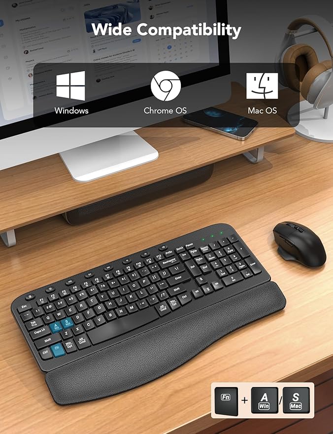 Wireless Keyboard and Mouse Combo – Ergonomic Wave Key, Built-in Leather Soft Palm Rest, 2.4G Full Size, 8 Hotkeys, 6-Button Mouse with 4-Level DPI, Dual USB-A/USB-C, Windows & macOS Compatible