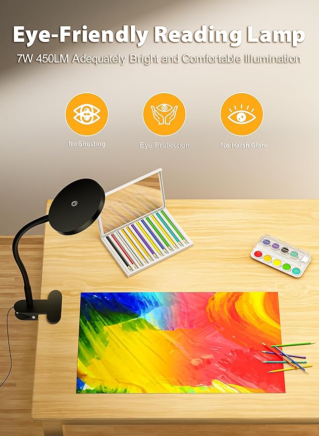 deeloop Clip on Light Infinite Dimmable Reading Lights for Books in Bed Headboard, 450LM Touch Control Clip Reading Lamp, Eye Care 3 Color Temperature Flexible Gooseneck for Bedside Night Light Black