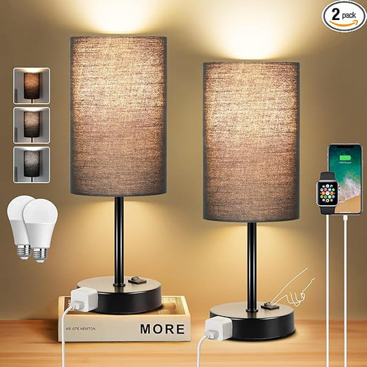 ZJOJO Table Lamp for Bedroom Set of 2, Bedside Small Lamps with 3 Way Dimmable Rocker Switch and AC Outlet, Nightstand Desk Lamp with Black Fabric Shade Black Base for Living Room Home Decor Lights