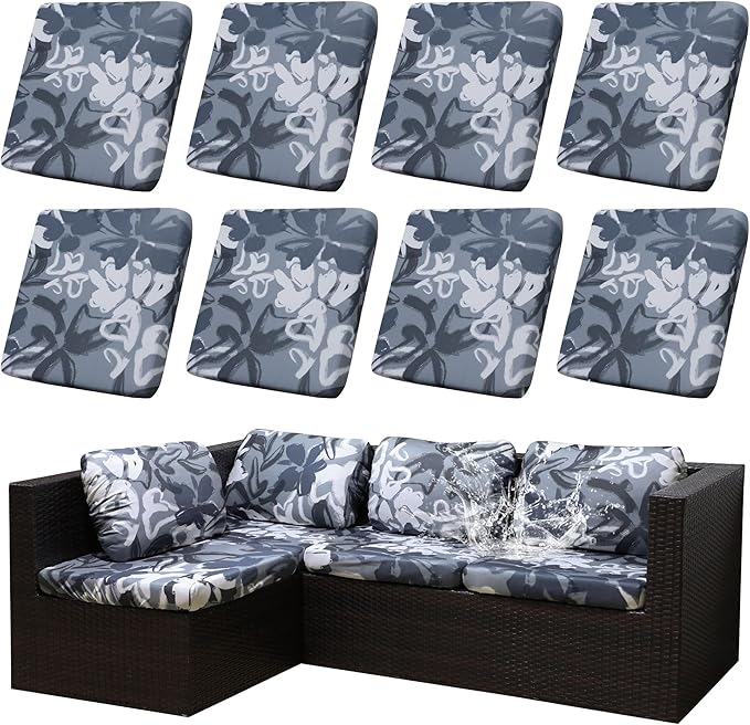 8Pcs Stretch Patio Cushion Covers Outdoor Cushion Cover, Jacquard Stretch Cushion Covers, Cover Replacement, Outdoor Sofa Covers, Washable Furniture Couch Cushion Cover (Grey Flower)