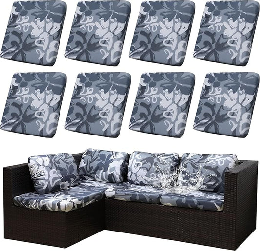 8Pcs Stretch Patio Cushion Covers Outdoor Cushion Cover, Jacquard Stretch Cushion Covers, Cover Replacement, Outdoor Sofa Covers, Washable Furniture Couch Cushion Cover (Grey Flower)