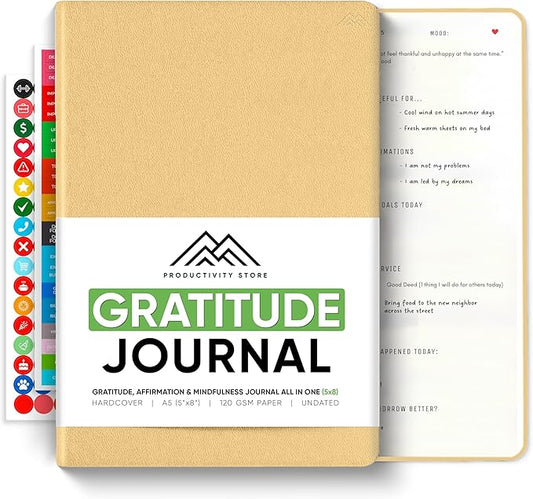 PRODUCTIVITY STORE Gratitude & Self-Care Journal - Guided Mindfulness & Mental Health Journal All-in-One with Prompts for Self Discovery - Daily Journal for Men & Women (A5, Cream)