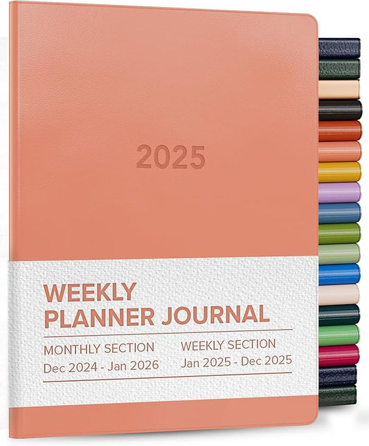 Harbor Weekly and Monthly Journal Notebook Planner 2025 - Lined, Durable Faux Leather, Softcover, 176 Quality Pages, For Men and Women, For Writing, Work & Travel, Cambridge Coral - 9 x 7 "