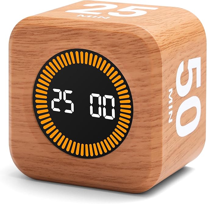 Rotating Productivity Timer 5, 25, 10, 50 Minutes Preset, Desk Cube w/Gravity Sensor for ADHD, Mute Functions, Ideal for Work, Study, Kitchen, Back to School (1, Wood Grain Finish)