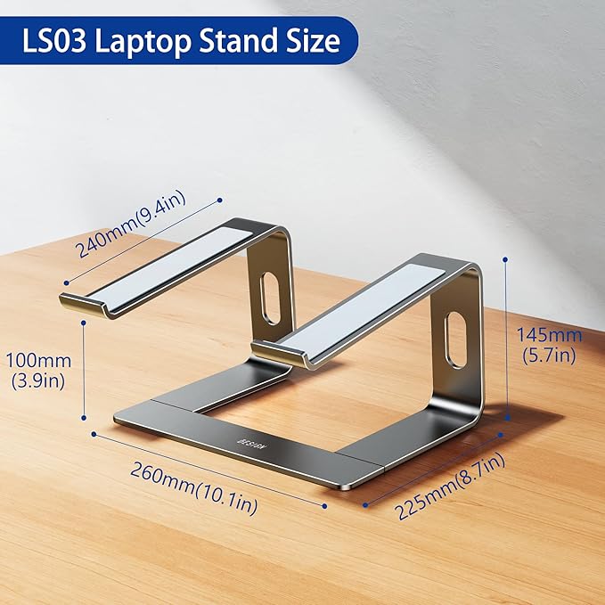BESIGN LS03 Aluminum Laptop Stand, Ergonomic Detachable Computer Stand, Notebook Holder Compatible with Air, Pro, Dell, HP, Lenovo More 10-15.6" Laptops, Gray