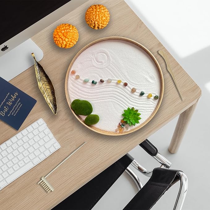 Japanese Zen Garden Kit for Desk, Bamboo Sand Garden Meditation Therapy Tray Gift Set, Mini Zen Décor Office Desktop Accessories - 2 Textured Spheres, Incense with Holder