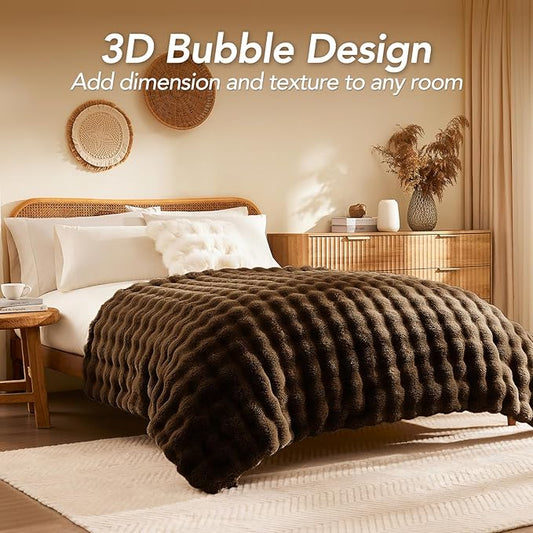 L'AGRATY Faux Rabbit Fur Blanket: 90" x 90" Queen Luxury Soft Fluffy Thick Fur Throw Blanket for Couch Bed Sofa - Cozy Plush Bubble Blankets for Winter: Flannel Fleece Decorative Blanket(Cocoa Brown)