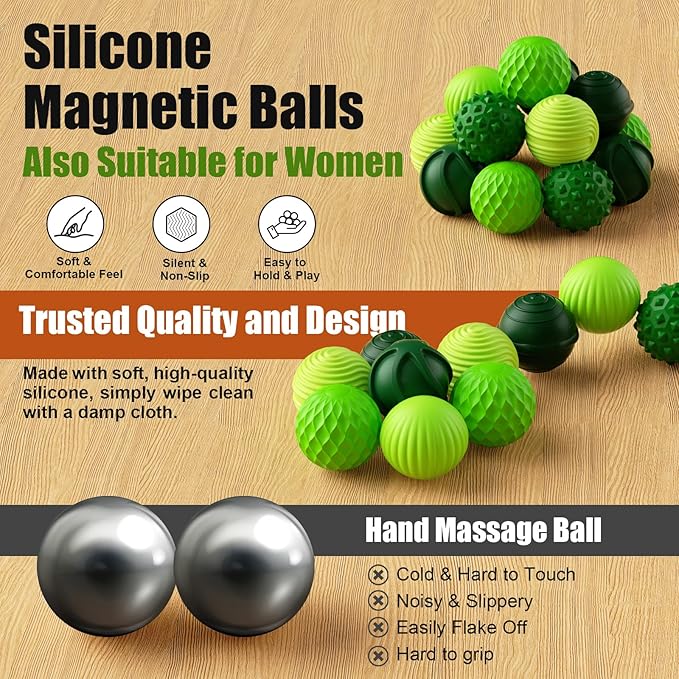 Silicone Magnetic Balls, Fidget Toys, 6-Pack Stress Relief Toys for Adults, Teens, Sensory Toy for Fingers Hands, Quiet Office Desk Toys with Textures, Magnet Fidget Fun Gift (Green)