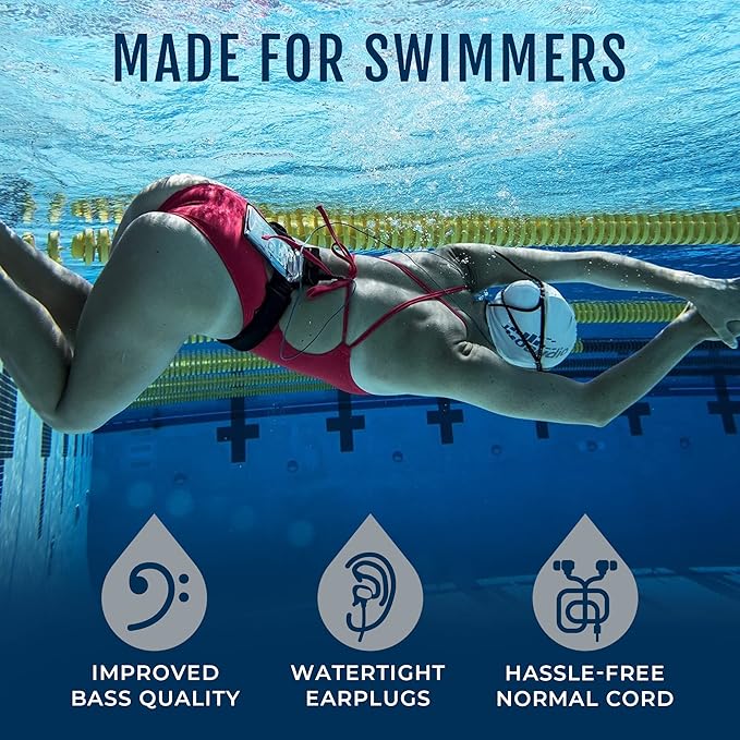 H2O Audio Surge+ 100% Waterproof Headphones - Noise Canceling, Sweatproof, IPX8 Swim Earbuds with Bass Boost, Multiple Earplug Sets, for Swimming, Running & Underwater Activities - Black/Blue