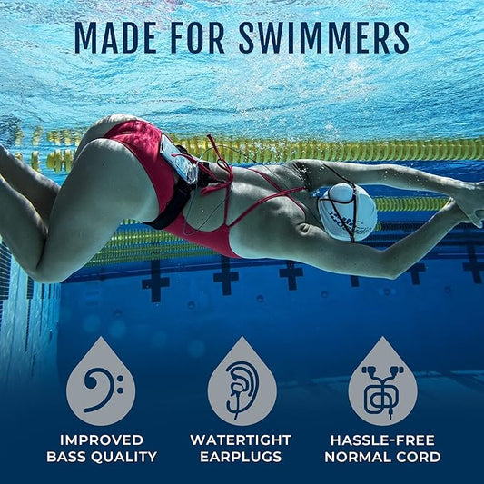 H2O Audio Surge+ 100% Waterproof Headphones - Noise Canceling, Sweatproof, IPX8 Swim Earbuds with Bass Boost, Multiple Earplug Sets, for Swimming, Running & Underwater Activities - Black/Blue