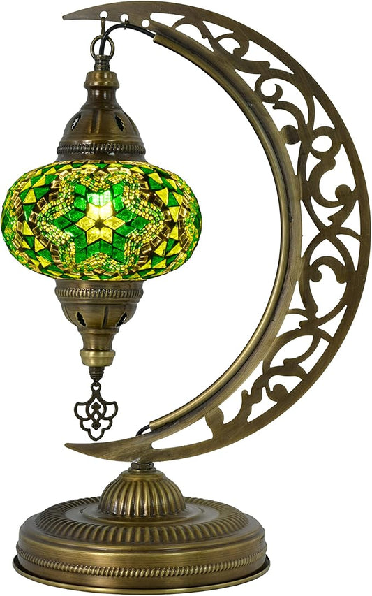 mozaist Turkish Mosaic Moon Shape Table Lamp, Moroccan Crescent Vintage Handmade Desk Light, Country Living Room, Kitchen Island Decorative Lighting, Authentic Bohemian Bedside Dim Nightstand (Green)