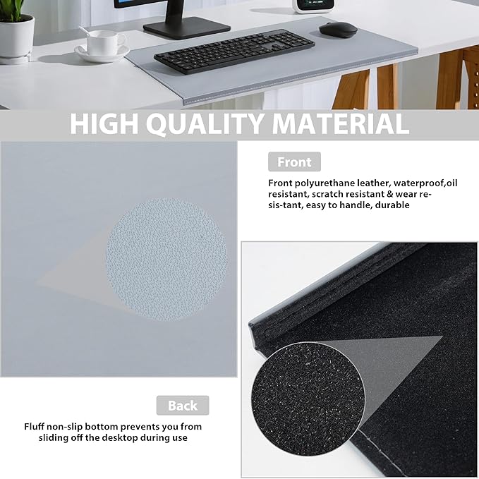 AKOZLIN 27.55”x 15.8" Soft PU Leather Surface Office Desk Mouse Mat Anti-Push Pad with Full Grip Fixation Lip Table Blotter Edge-Locked Protector Grey