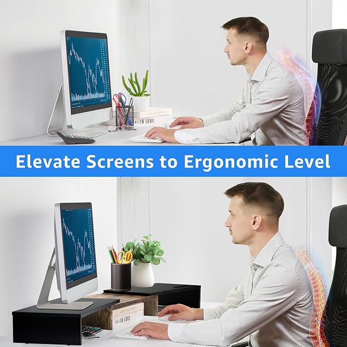 Dual Monitor Stand Riser for 2 Monitors, Monitor Stand for Desk, Adjustable Length Swivel Angle Wooden Desktop Organizer Stand Riser with Smartphone Holder for PC Monitor, Rustic Brown