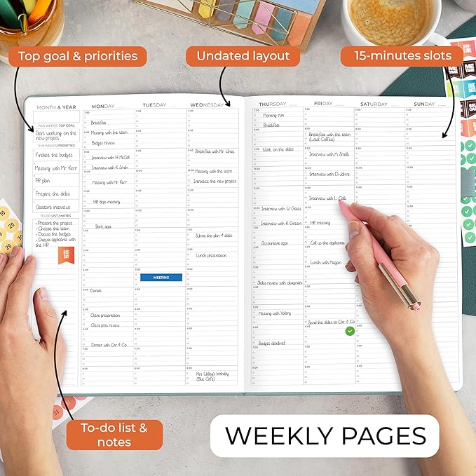 Clever Fox Appointment Book – Hourly Schedule Planner with 15-Minute Increments – Time Box Planner for Daily Work & To-Dos – Weekly & Monthly Spreads, Undated, Hardcover, 8.3x11″ (Blue Surf)