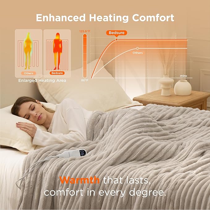 Bedsure Electric Blanket Twin - Thick Striped Flannel Electric Blanket, Heating with 10 Time Settings, 6 Heat Settings, and 8-Hour Timer Auto Shut Off, Gift for Grandma (62x84 inches, Linen)