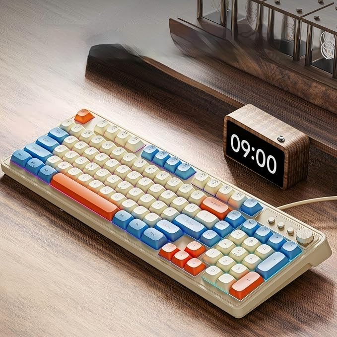 EWEADN G98 RGB Gaming Keyboard Wired, Retro Creamy Membrane Keyboards with Media Knob, Number Pad RGB Backlit, 98 Keys Quite Membrane Computer Keyboard for MAC Xbox PC Gamer -White&Blue