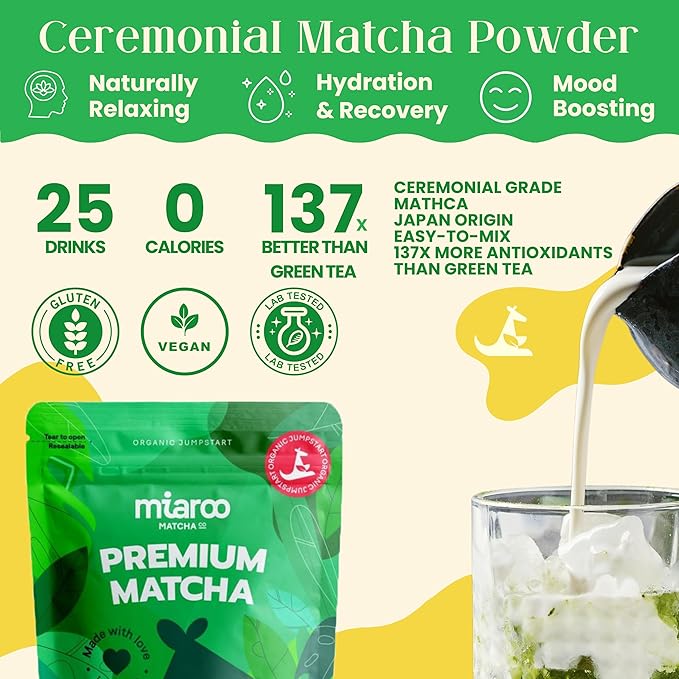 Japanese Ceremonial Grade Matcha 50g (25 Servings, 70mg Caffeine) | Green Tea Powder, Coffee Replacement for Energy, Calm Focus & No Jitters or Crash | Perfect for Lattes, Smoothies, Detox | Miaroo