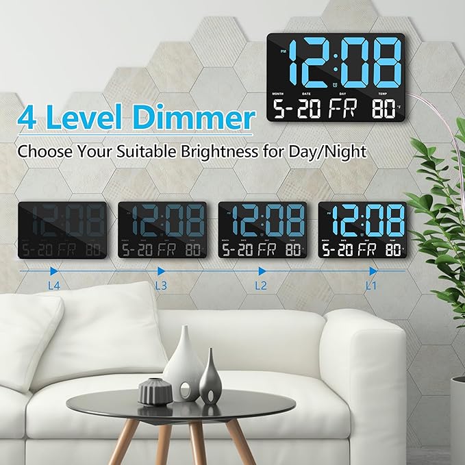 Amgico Digital Alarm Clock with Snooze, Temperature, Auto Dimming, 11.5" Large Display Calendar, Desk/Wall Clock for Bedroom, Living Room, Office, Home, Classroom, Kids, Elderly - Blue