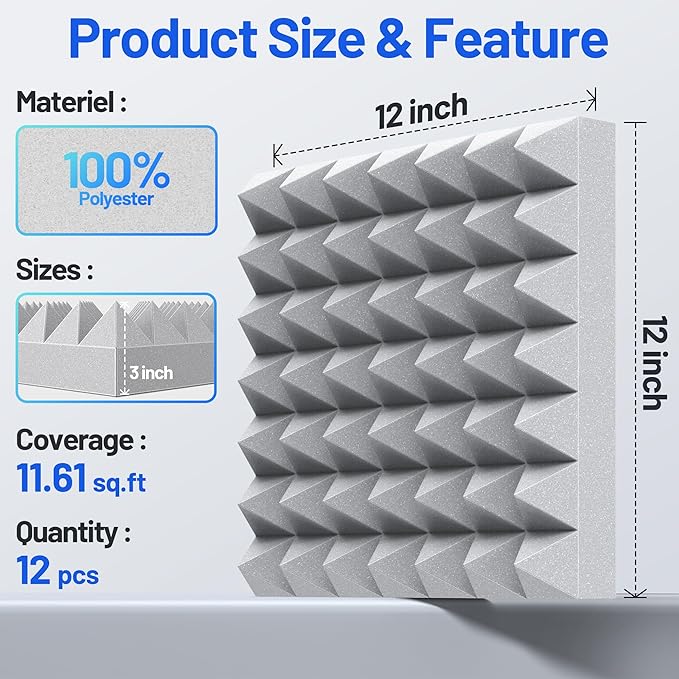 12 Pack Pyramid Sound Proof Foam Panels for Walls with Updated Self-Adhesive 3"X12"X12" High Density Acoustic Panels Sound Absorbing Fast-Expanding Soundproof Wall Panels for Gaming Studio Decor- Gray