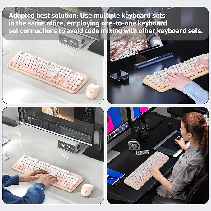 Wireless Keyboards Mouse Combos, Colorful Cute Typewriter Full-Size Retro Round Keycaps, 2.4GHz Cordless Sleep Mode Office Quiet Wireless Keyboard and Mouse Set for Desktop Laptop PC Computer