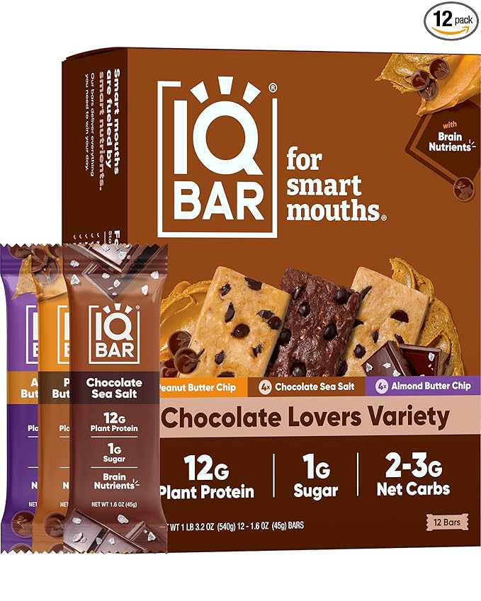 IQBAR Brain and Body Plant Protein Bars - Chocolate Lovers Variety - 12-Count Low Carb - Gluten Free, High Fiber, Vegan Snacks - Low Sugar Meal Replacement