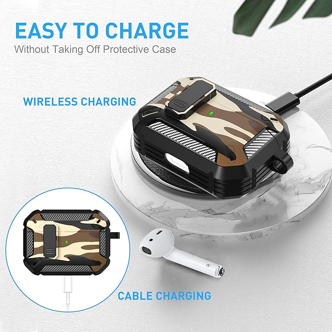 Maxjoy for AirPods Pro Case Cover with Lock, AirPods Pro 1st Generation Case for Men Military Rugged Protective Cover with Keychain Compatible with Apple AirPod Pros 2019 Front LED Visible, Brown Camo