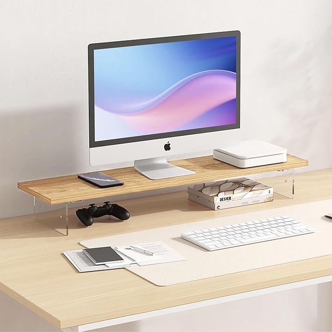 Wood Monitor Stand Riser with Acrylic Legs, Computer Screen Stand Desk Organizer, 31.5 x 7.9 x 3.1 inch, Hold up to 66 lbs (Natural, 31.5"×7.9"×3.1")