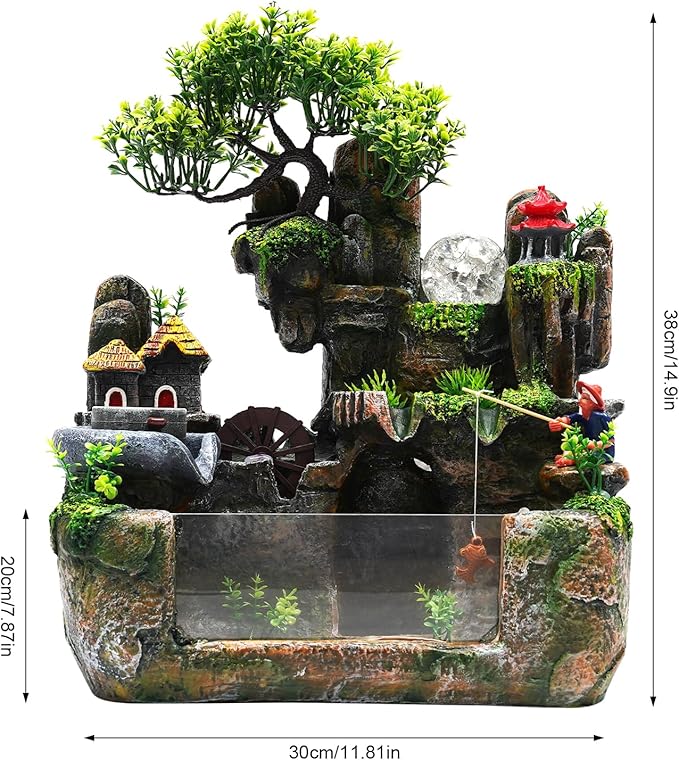 Tabletop Rockery Fountains, Indoor Waterfall Bonsai Desktop, Water Sound Desk Decoration, Mini Rockery Water Fountain with LED Light, With Rockery, Trees, A Stone Mill, And Houses, Home Office Bedroom