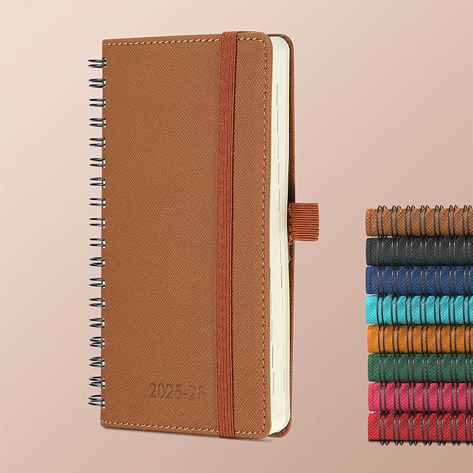Planner 2025-2026 Daily Weekly and Monthly,6.5"x3.75",18 Months Spiral Bound Calendar Agenda with Self-adhesive Pen Holder,2026 Academic Plan with Vegan Leather Soft Cover,Brown