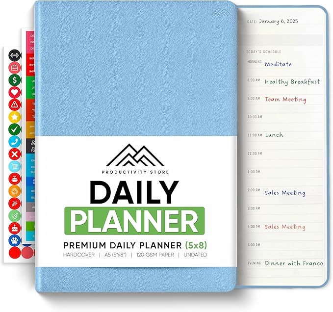 Daily Planner 2025 (5" x 8") - The Ultimate Daily Workflow Planner with Hourly Schedule & Task List to Achieve Your Goals by PRODUCTIVITY STORE (A5, Blue)