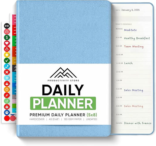 Daily Planner 2025 (5" x 8") - The Ultimate Daily Workflow Planner with Hourly Schedule & Task List to Achieve Your Goals by PRODUCTIVITY STORE (A5, Blue)